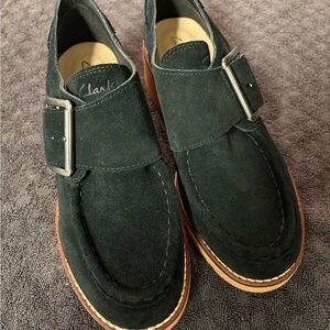 Clark Women’s Black Suede Shoes, with Chunky Rubber Sole and Buckle. Size 6 1/2